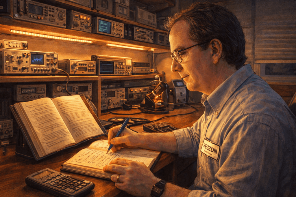 A warm, colour illustration of Doug seated at a workbench, studying for the Advanced Amateur Radio Certificate. He’s shown in profile, writing notes in an open hardbound notebook while a textbook sits propped up in front of him. Shelves packed with electronic test equipment—oscilloscopes, frequency counters, signal generators, and meters—fill the background, illuminated by an LED strip light overhead. A modern soldering station sits to his right, and a scientific calculator rests near his hand, creating the feel of a focused, well-equipped electronics workspace.