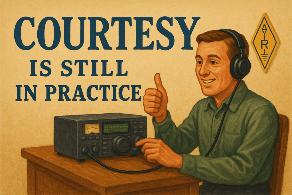 A vintage-style poster shows a smiling amateur radio operator wearing headphones and giving a thumbs-up while adjusting an HF transceiver on a wooden table. Large bold text on the left reads “COURTESY IS STILL IN PRACTICE,” and an amateur radio emblem hangs on the wall behind him. The warm colour palette and retro design evoke the message that civility and good on-air etiquette remain core values of the amateur radio community.